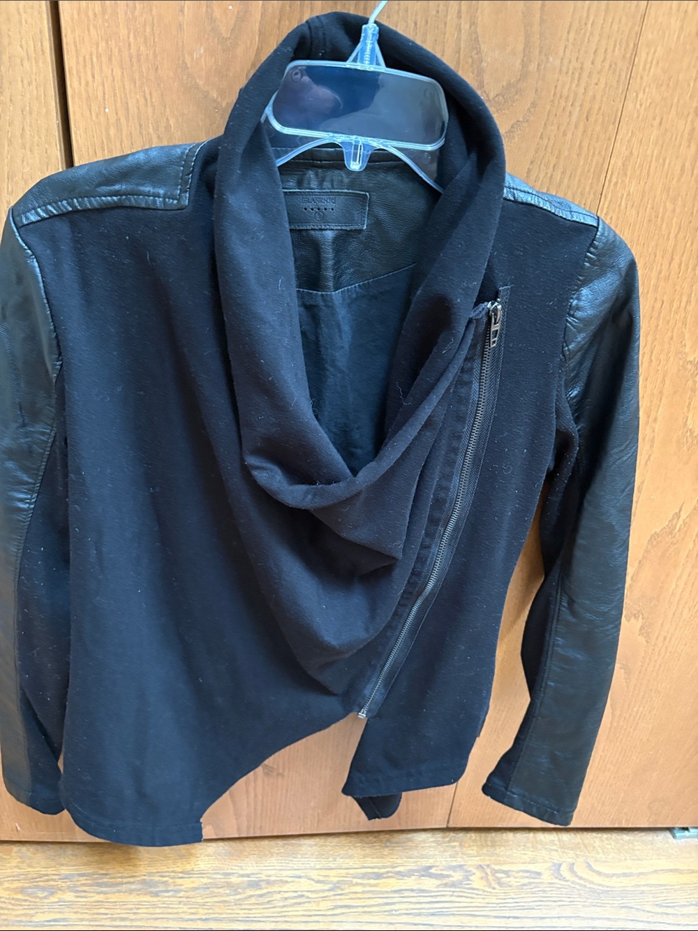 Blank NYC Black Mixed-Media Asymmetrical Zip Draped Collar Jacket